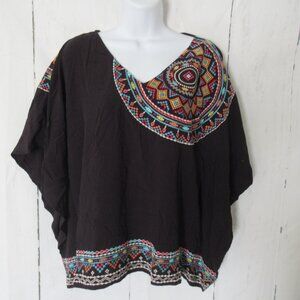 Savanna Jane Top S M Black Embroidered Poncho Batwing Sleeve Boho Peasant
